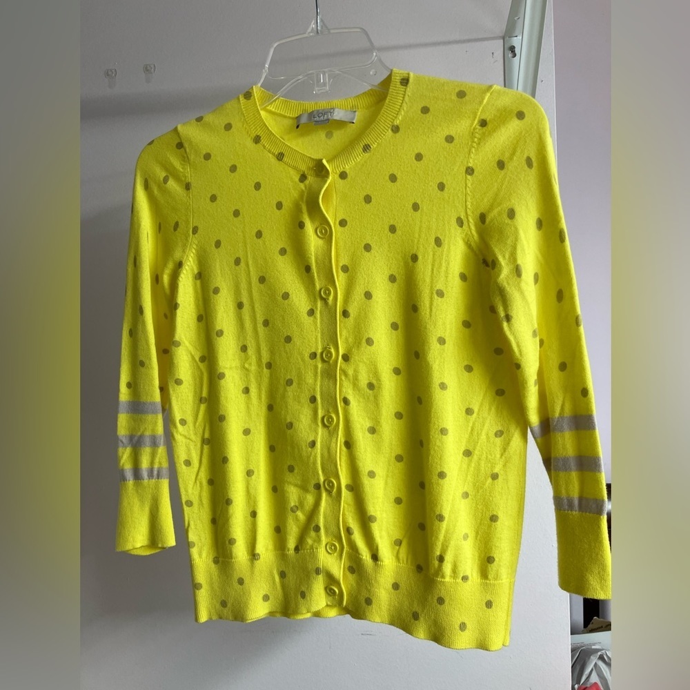 Loft Women’s Sweater, Button Front, Yellow with Polka Dots, XS, Long Sleeve